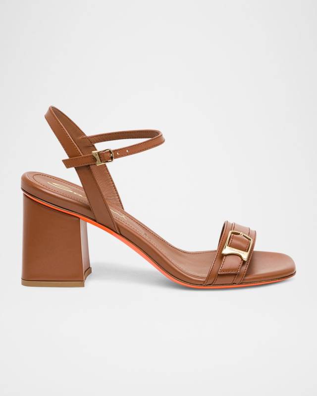 Calyso Leather Buckle Block-Heel Sandals